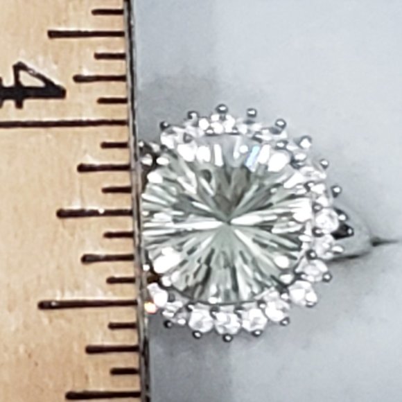 Green Amethyst (Prasiolite) & White Zircon halo ring in Platinum over 925SS  sz7 - Picture 2 of 6